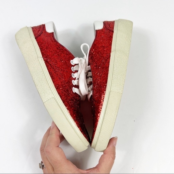 Saint Laurent Skate Red Glitter Sneakers Lace Up Low Top Size 37 - Picture 9 of 10